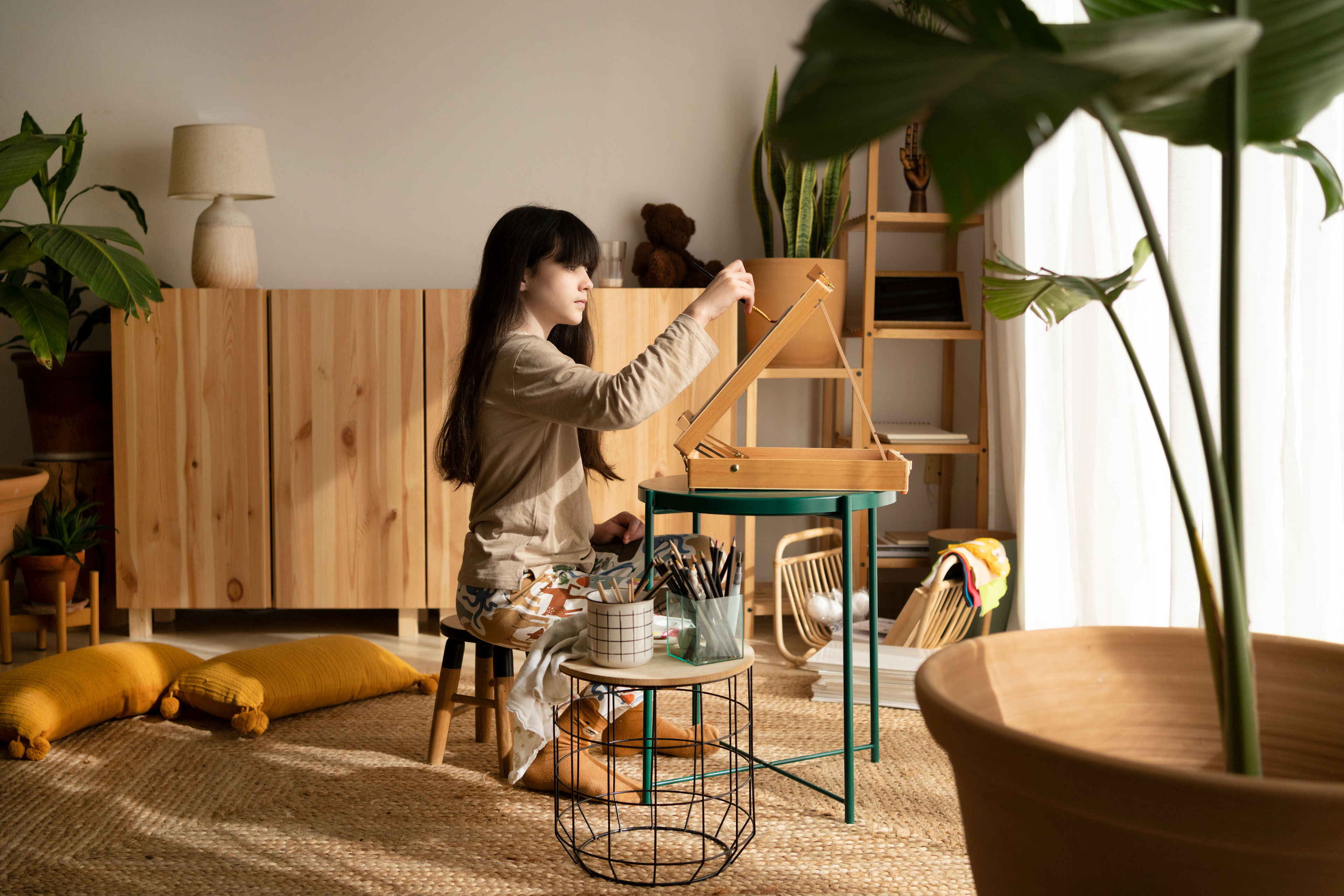 A child painting at an easel in a sunny living room.